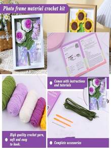 1套紅玫瑰和百合相框掛鉤材料套裝，手工花圈DIY裝飾，配有編織工具 - 彩色 - 查看 2