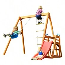 Wooden Swing Set With Slide, Outdoor Playset Backyard Activity Playground Climb Swing Outdoor Play Structure For Toddlers, Ready To Assemble Wooden Swing-N-Slide Set Kids Climbers - 紅色 - 查看 5