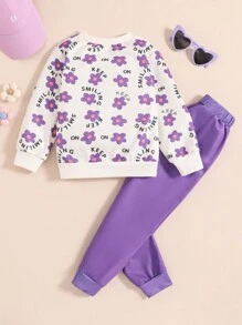 年輕女孩創意花紋印花圓領運動服和運動長褲 - 白色 - 查看 2