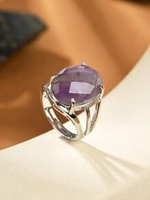 1只天然水晶/礦石石頭卵形切面開口戒指,適用於女性