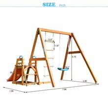Wooden Swing Set With Slide, Outdoor Playset Backyard Activity Playground Climb Swing Outdoor Play Structure For Toddlers, Ready To Assemble Wooden Swing-N-Slide Set Kids Climbers - 紅色 - 查看 6