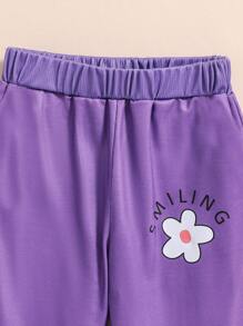 年輕女孩創意花紋印花圓領運動服和運動長褲 - 白色 - 查看 8