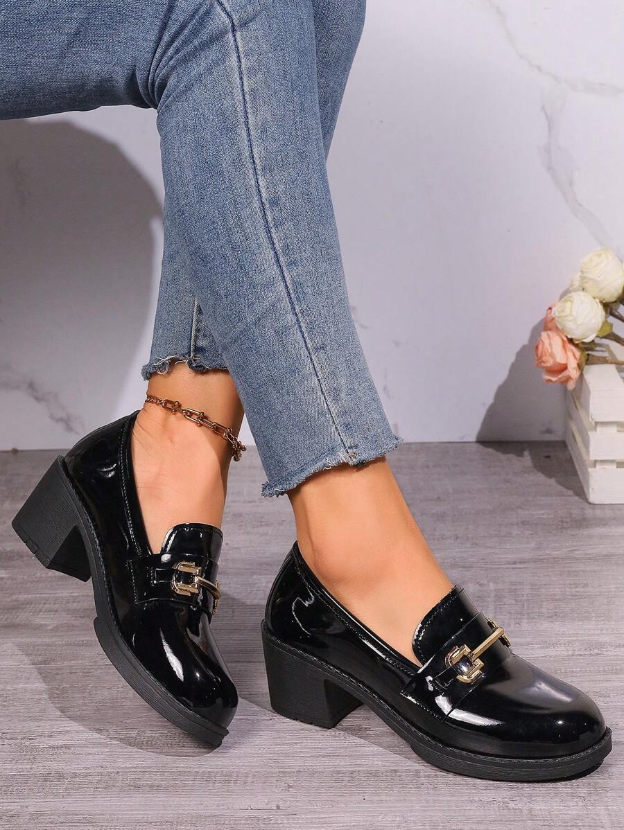 2024 New Fashion Women's Casual Chunky Heel Loafer Pumps With Square Toe - Black - View 1