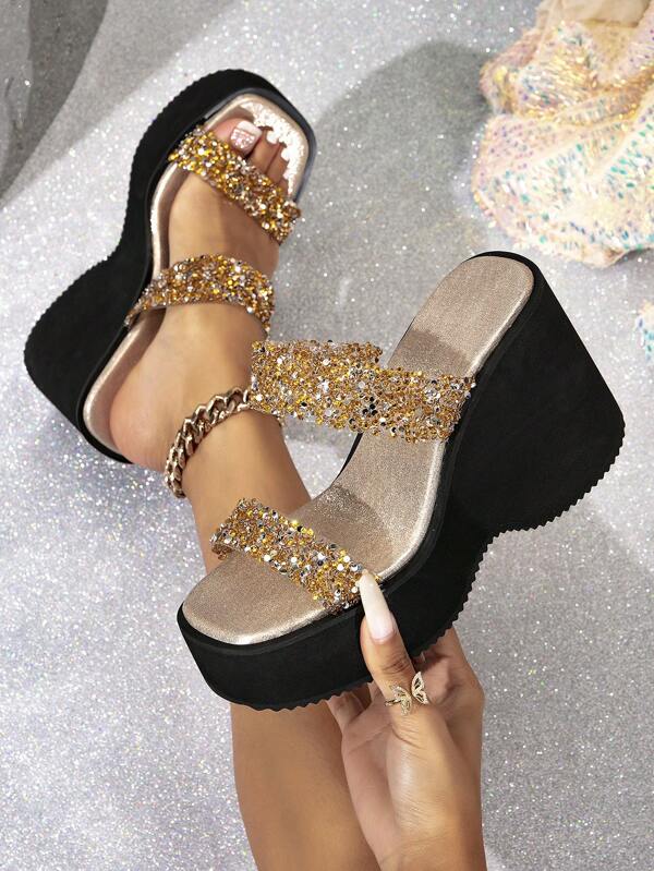 Women's New Wedge Heel Thick Sole Comfortable Waterproof Platform Sponge Cake Sole Rhinestone Women's Sandals And Slippers