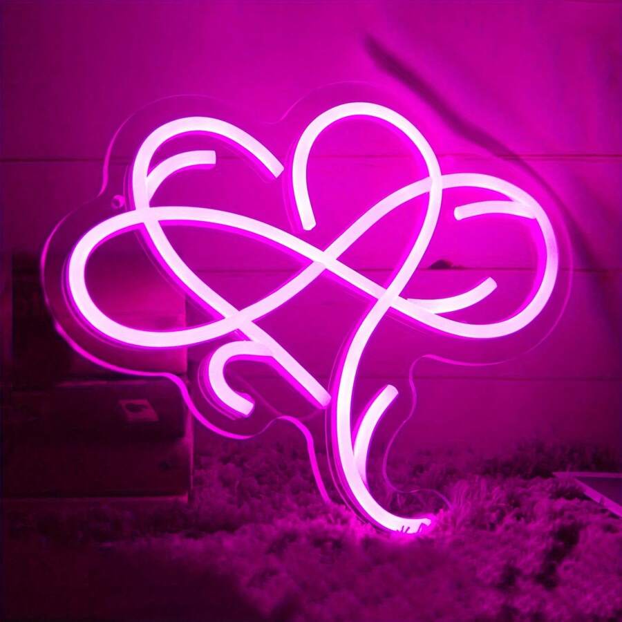 Heart-Shaped Neon Light Sign Wall Decor, Led Neon Light Art Wall Decor Love Sign Bedroom Decoration, Home Wedding Decoration, Living Room Decoration Valentine's Day Gift - Pink - View 1