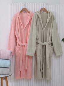 1pc 3d Stripe Pattern Coral Fleece Bathrobe, Soft, Absorbent Suitable For Bathroom, Bedroom, Swimming Pool, Four Seasons - Mauve Purple - View 3