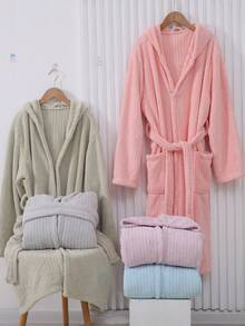 1pc 3d Stripe Pattern Coral Fleece Bathrobe, Soft, Absorbent Suitable For Bathroom, Bedroom, Swimming Pool, Four Seasons - Mauve Purple - View 4