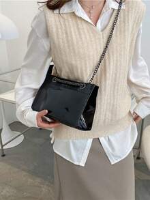 2入組海灘旅行防水純色輕便pvc塑料正方形包,女士春夏必備時尚肩帶/斜挎/鏈條透明包 - 黑色 - 查看 4