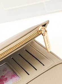 MINGYOU 新款女士短款折疊錢包,柔軟pu拉鍊多功能大容量卡夾包,精美時尚簡約休閒錢包 - 杏色 - 查看 2