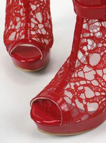 Zapatos rojos de tacón alto para mujer, resistentes al agua, con cremallera trasera y decoración de malla