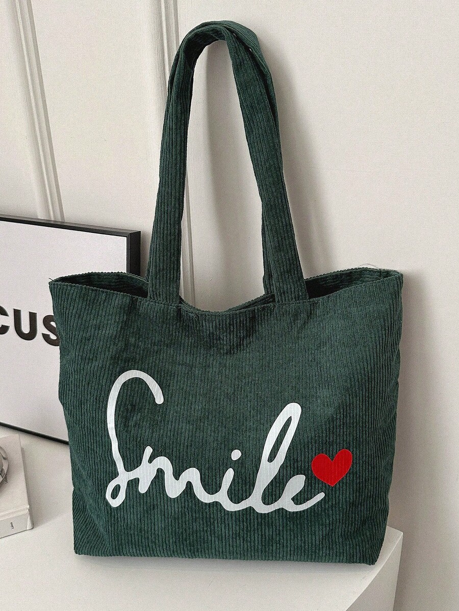 時尚復古文學風刺繡字母大容量百搭單肩包 - 綠色 - 查看 1