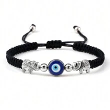 1 pieza Brazalete trenzado vintage con cuentas de ojo turco azul, hilo de nailon, dije de aleación con elefante, joya de pulsera y brazalete de pareja