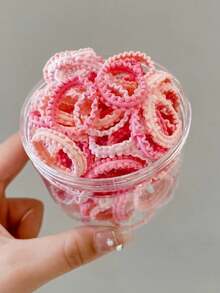 50入組高彈性色彩豐富的女孩蕾絲圖案髮帶,不損傷鬆馳繩掛在罐子裡 - 粉色 - 查看 1