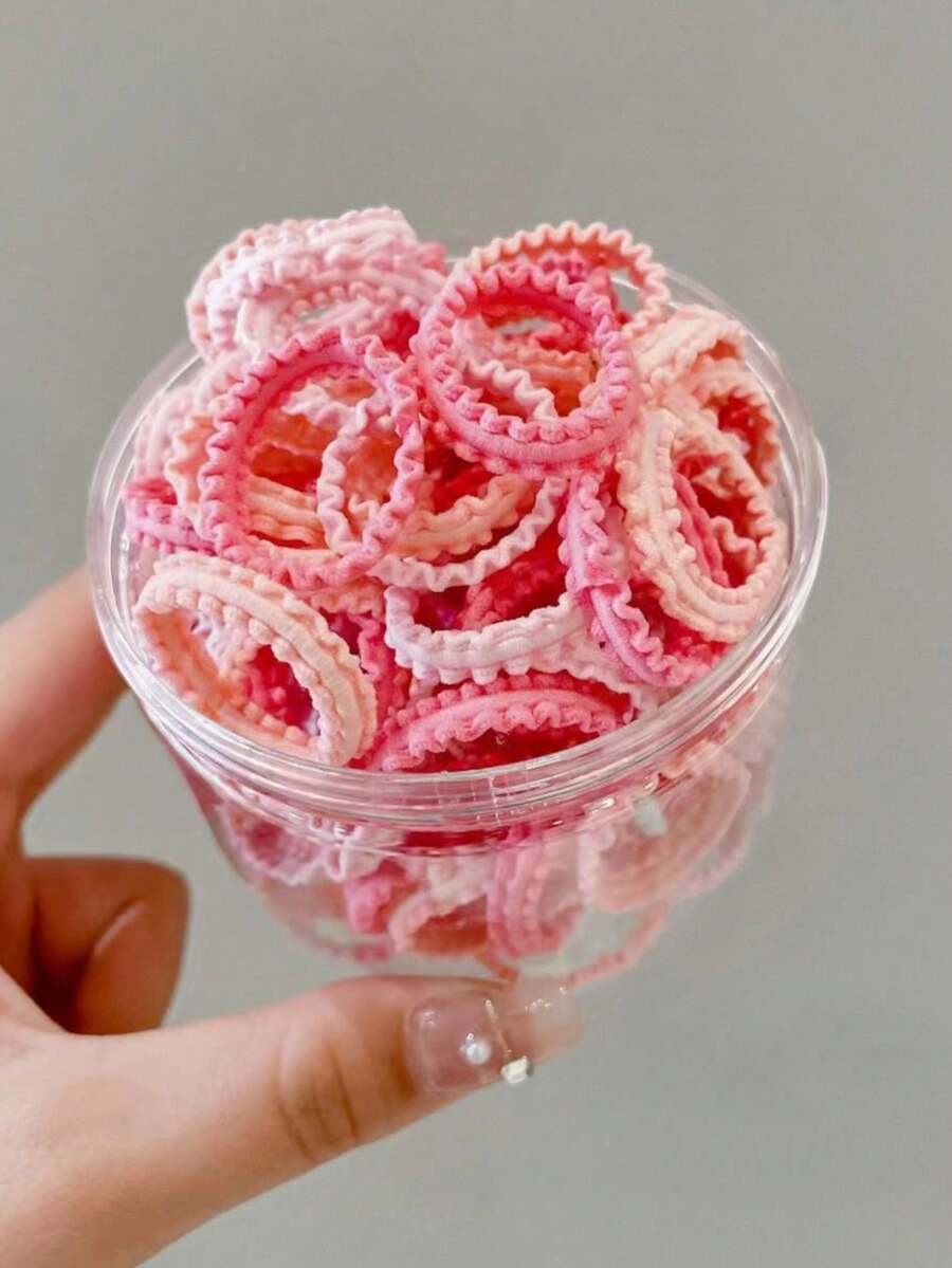 50入組高彈性色彩豐富的女孩蕾絲圖案髮帶,不損傷鬆馳繩掛在罐子裡 - 粉色 - 查看 1