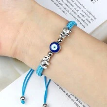 1 pieza Brazalete trenzado vintage con cuentas de ojo turco azul, hilo de nailon, dije de aleación con elefante, joya de pulsera y brazalete de pareja