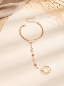 1pc Fashionable Dripping Oil Flower Design Sexy Attached Finger Bracelet - Yellow Gold - View 3