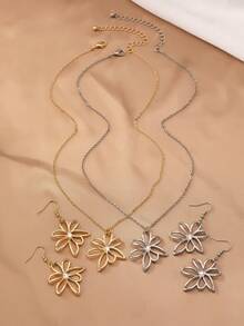 1pair Earrings & 1pc Necklace Gemstone Floral Style Fashion Jewelry Set - Multicolor - View 7