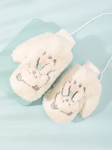 1雙女士絨毛頸掛手套,冬季卡通保暖防風,加厚內襯及拇指 - 包指手套 - 查看 4