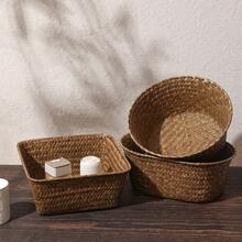 1入手工編織天然海草收納籃,適用於任何季節的野餐、節日、花園、庭院、客廳、廚房、臥室、衣櫃、浴室、化妝品組織 - 咖啡棕 - 查看 8