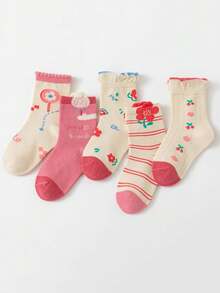 5 Pares/pack Calcetines De Media Pantorrilla De La Serie Candy Flower Para Niñas - Multicolor - Ver 1