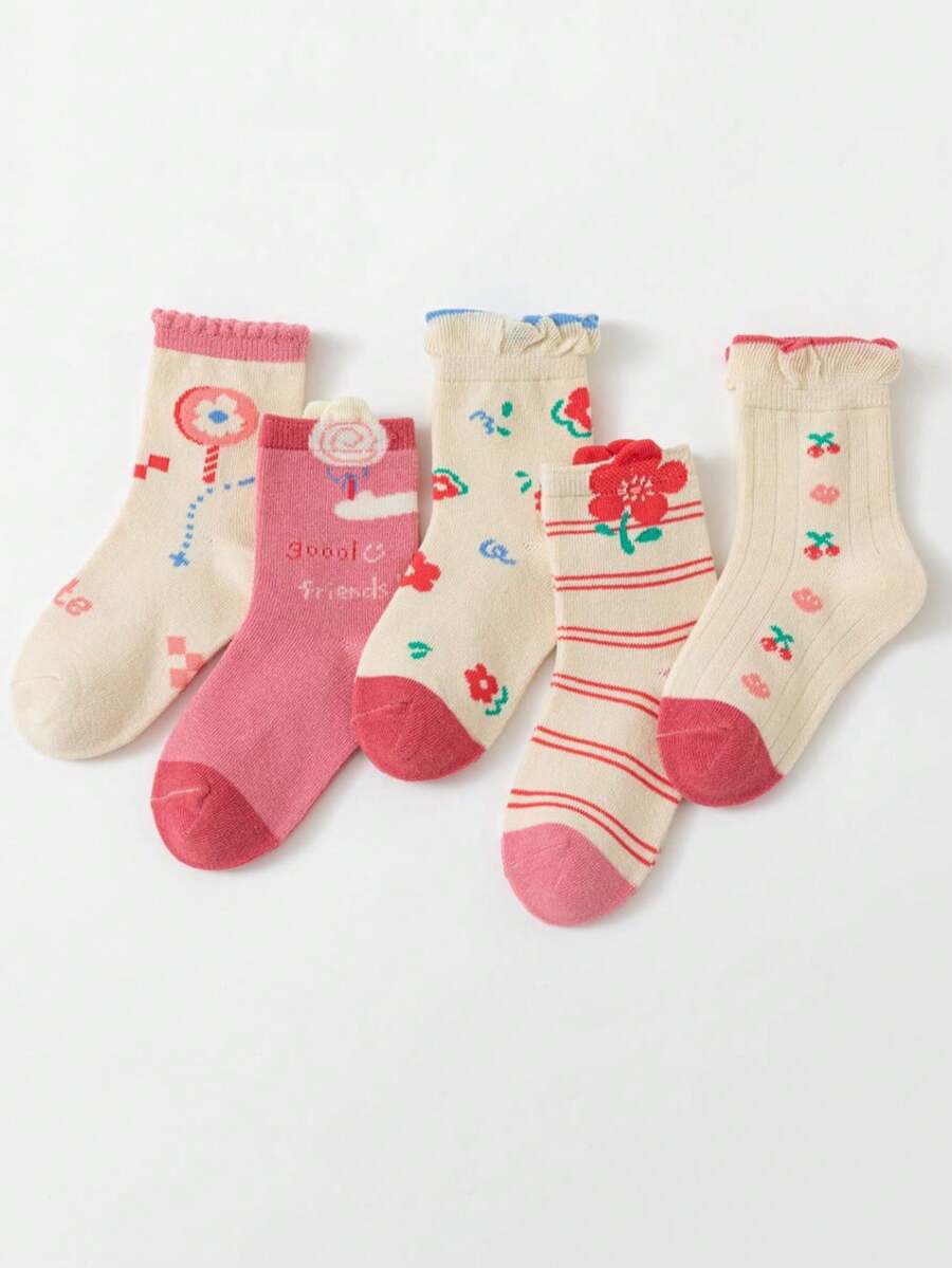 5 Pares/pack Calcetines De Media Pantorrilla De La Serie Candy Flower Para Niñas - Multicolor - Ver 1