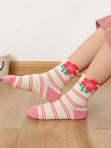 5 Pares/pack Calcetines De Media Pantorrilla De La Serie Candy Flower Para Niñas - Multicolor - Ver 3