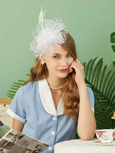 Fascinators Hat Flower Mesh Ribbons Feathers On A Headband And A Clip Tea Party Headwear For Girls And Women Elegant