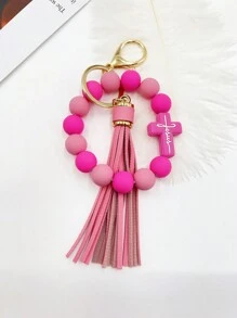 1pc Cross Shape Silicone Beaded Bracelet With Tassel Keychain, For Car Key, Bag, Father, Mother, Friends' Gifts - Pink - View 13