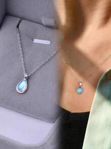 1條s925純銀圓形天然月光石掛墜項鍊 - 銀色 - 查看 1