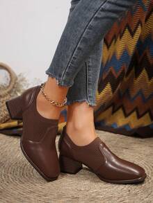 女式時尚方頭針織拼接彈性防滑靴子,短鞋跟舒適踝靴 - 棕色 - 查看 5