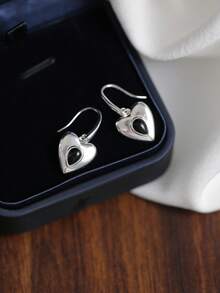 S925純銀復古黑色瑪瑙水滴&愛心耳勾,韓風重工流蘇耳環（女款） - 耳鉤 - 查看 1