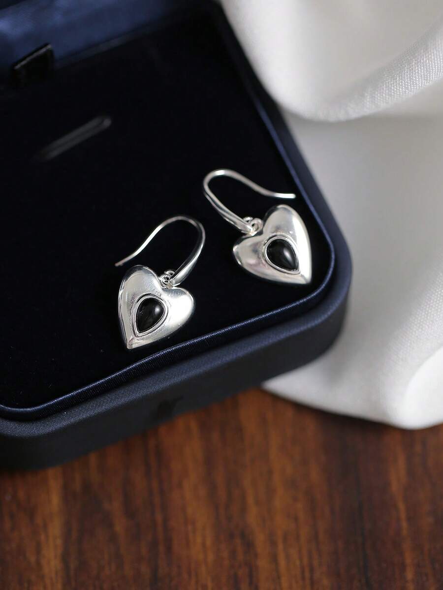 S925純銀復古黑色瑪瑙水滴&愛心耳勾,韓風重工流蘇耳環（女款） - 耳鉤 - 查看 1