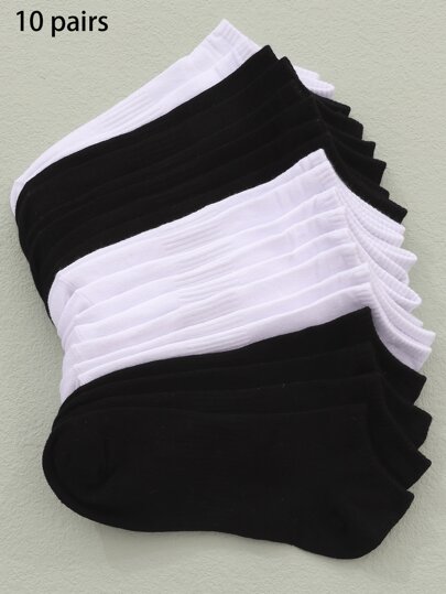 10 pares de meias curtas femininas básicas de cor sólida, decotadas, antiderrapantes e respiráveis, pretas e brancas