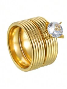 2入組/套金色不鏽鋼時尚男女戒指,適用於婚禮、派對及日常穿戴 - 金色 - 查看 3