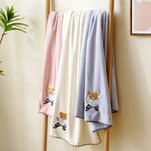 1 件刺繡卡通熊浴室柔軟吸水不起毛珊瑚絨浴巾 - 灰色 - 查看 5