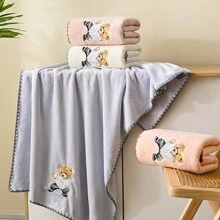 1 件刺繡卡通熊浴室柔軟吸水不起毛珊瑚絨浴巾 - 灰色 - 查看 4