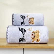 1 件刺繡卡通熊浴室柔軟吸水不起毛珊瑚絨浴巾 - 灰色 - 查看 3