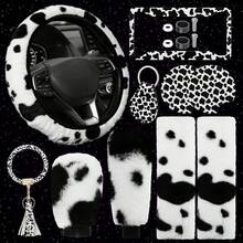 1組10件印花毛絨汽車配件套裝,包括方向盤套,齒輪換檔套,手剎車套,杯墊,安全帶墊,手鍊和鑰匙鍊,適用於女性 - 黑與白 - 查看 1