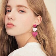 2 件简约亚克力纹理耳环，三层粉色心形吊坠耳环，情人节送给女士的礼物 - 愛心 - 查看 3