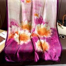 1條女士紫色花卉緞面提花裝飾圍巾,適合日常穿著,旅行和海灘度假 - 紫色 - 查看 3