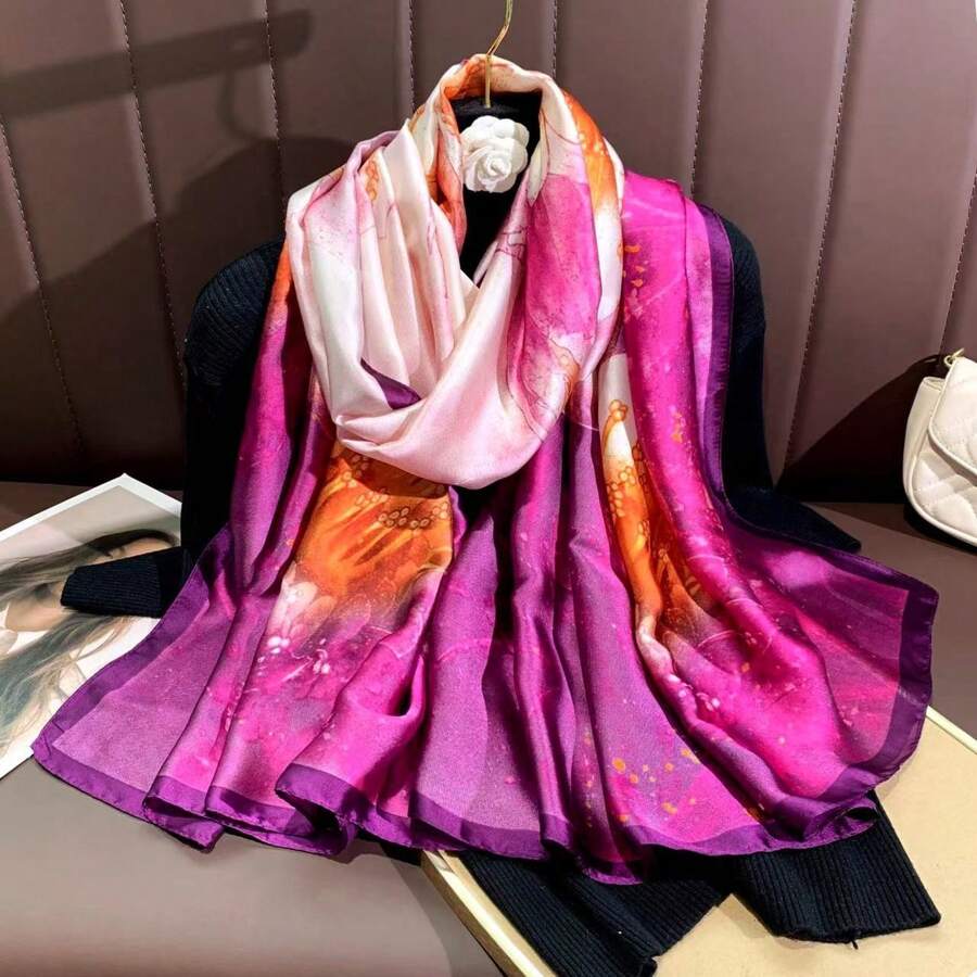 1條女士紫色花卉緞面提花裝飾圍巾,適合日常穿著,旅行和海灘度假 - 紫色 - 查看 1