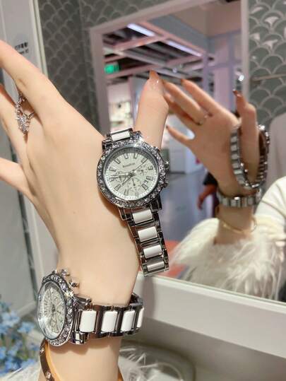 byronfrye 一款女士”电池供电圆盘腕表，镶嵌水钻的表壳，三个副表盘，温柔气质，百搭款式，适合日常生活、聚会、工作以及母亲节作为返校学生的礼物