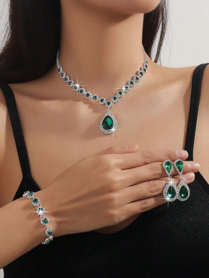 3pcs/Set Green Full Crystal Set (Crystal Necklace, Crystal Earrings, Crystal Flower Shaped Bracelet) | SHEIN EUQS