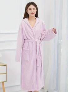 1pc 3d Stripe Pattern Coral Fleece Bathrobe, Soft, Absorbent Suitable For Bathroom, Bedroom, Swimming Pool, Four Seasons - Mauve Purple - View 1