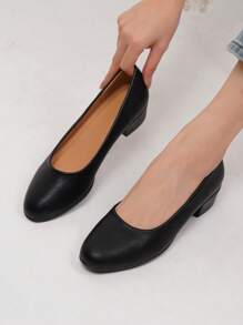 供空服員/上班族穿著的黑色皮鞋,具有粗高跟長時間站立和柔軟鞋底舒適行走,適用於面試和高跟鞋 - 黑色 - 查看 2