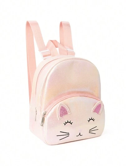 1pc Children Girl Cute Cat Embroidery Double Pocket Pocket Backpack Classic Backpack Is Suitable For Little Girl Kindergarten Elementary School Students Daily Outdoor Travel Festivals Gift
