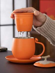 帶有分茶功能的柿子形狀陶瓷杯,適合個人辦公室使用,是茶著迷者的高端禮品套裝 - 橘色 - 查看 1