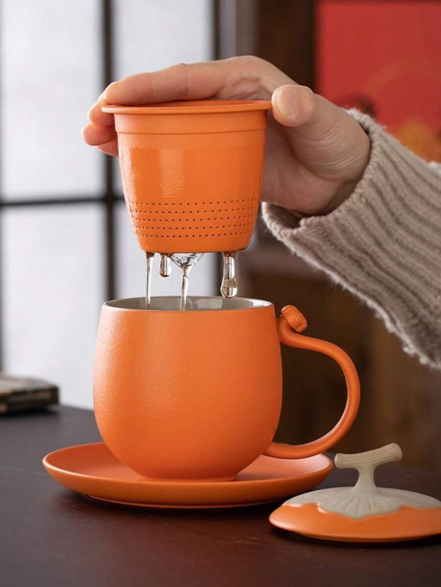 帶有分茶功能的柿子形狀陶瓷杯,適合個人辦公室使用,是茶著迷者的高端禮品套裝 - 橘色 - 查看 1