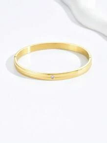 1pc Fashionable Stainless Steel Bangle With Rhinestone Decoration, One Half Mirror Finish, One Half Frosted Finish, Simple & Jewelry For Women - Yellow Gold - View 5