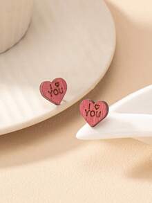 1對幾何心形木質及字母設計耳環,優雅風格適用於節慶慶典 - 粉色 - 查看 2